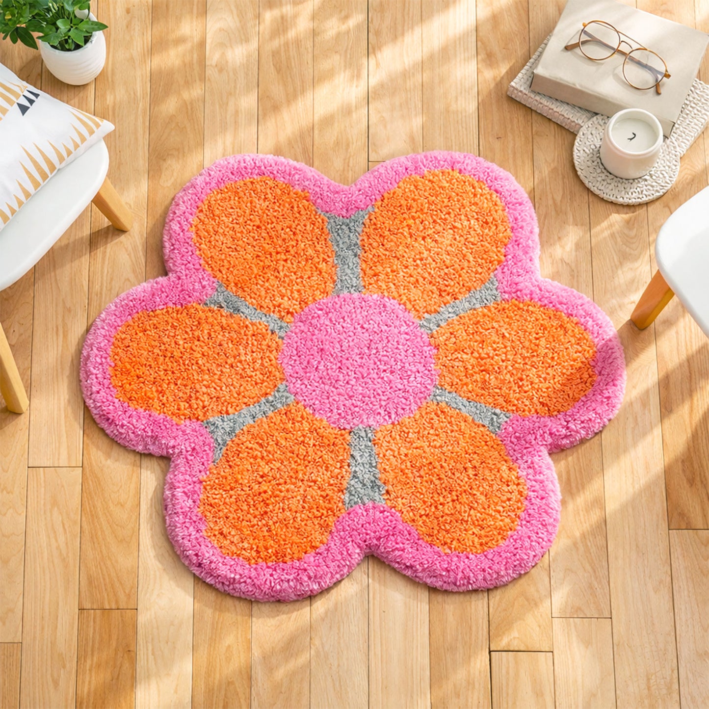 Feblilac Pink & Orange Flower Tufted Bath Mat – Soft Absorbent Non-Slip Rug
