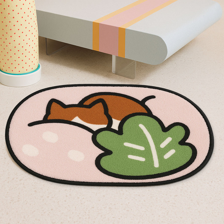Feblilac Sleeping Cat Bath Mat – Soft Tufted Rug with Leaf & Pink Background