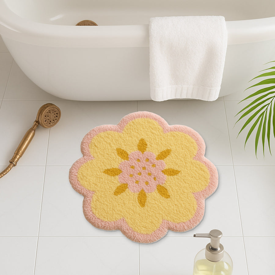 Feblilac Yellow Flower Tufted Bath Mat – Cute Floral Shape, Soft & Cozy Bathroom Rug - view 2