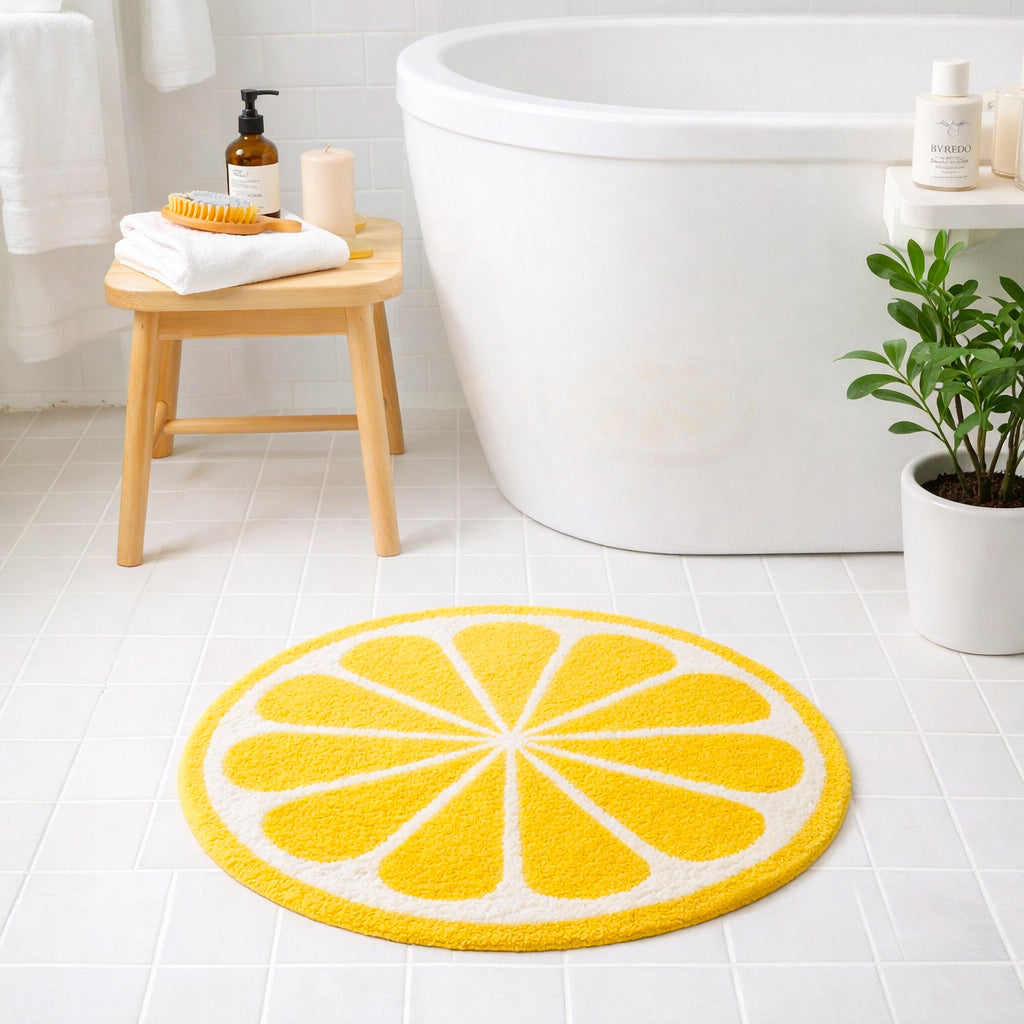 Feblilac Lemon Slice Round Bath Mat – Bright Non-Slip Absorbent Tufted Rug for Bathroom & Kitchen