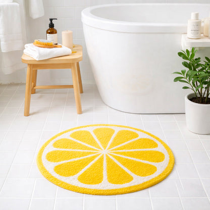 Feblilac Lemon Slice Round Bath Mat – Bright Non-Slip Absorbent Tufted Rug for Bathroom & Kitchen