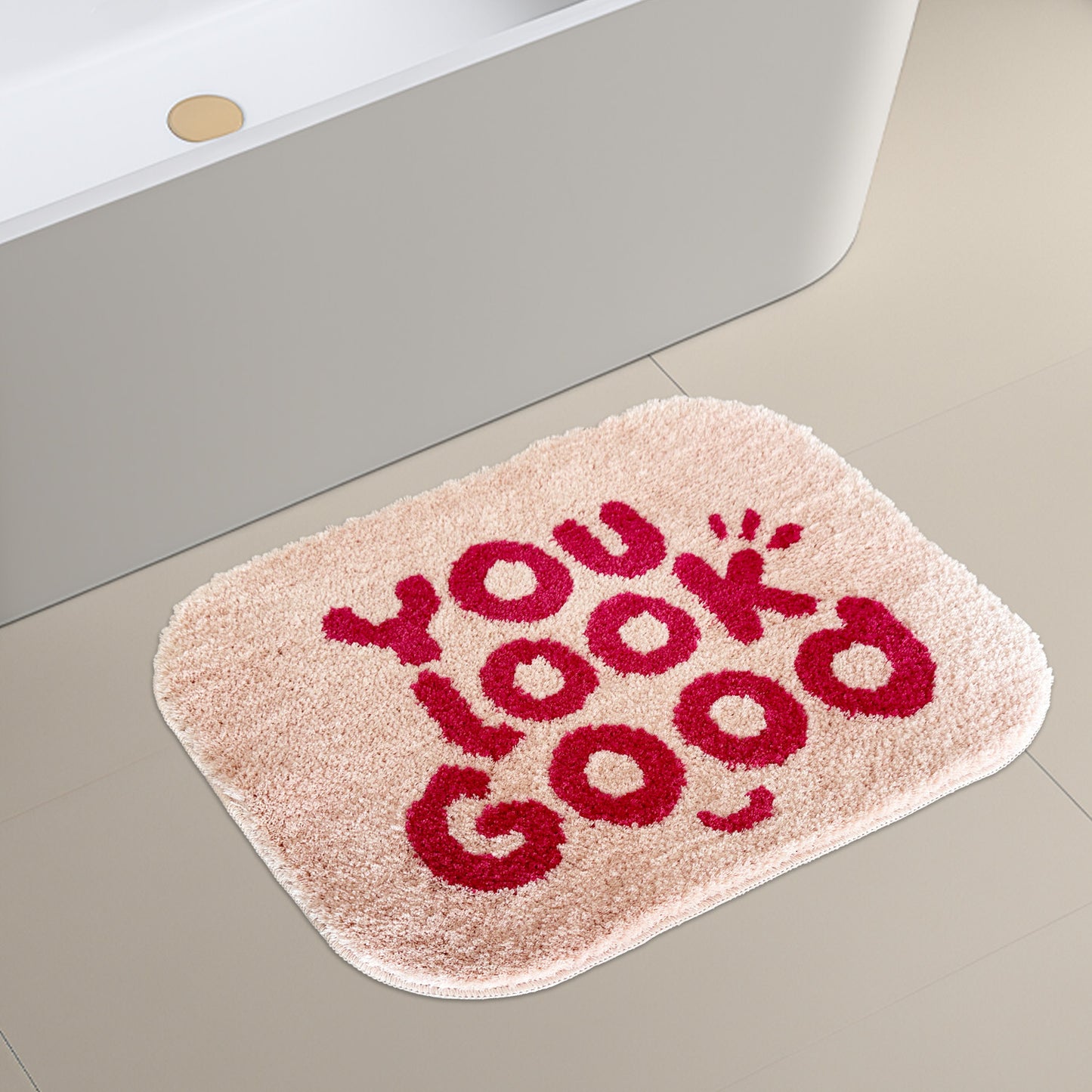 Feblilac Pink You Look Good Smiley Face Tufted Bath Mat