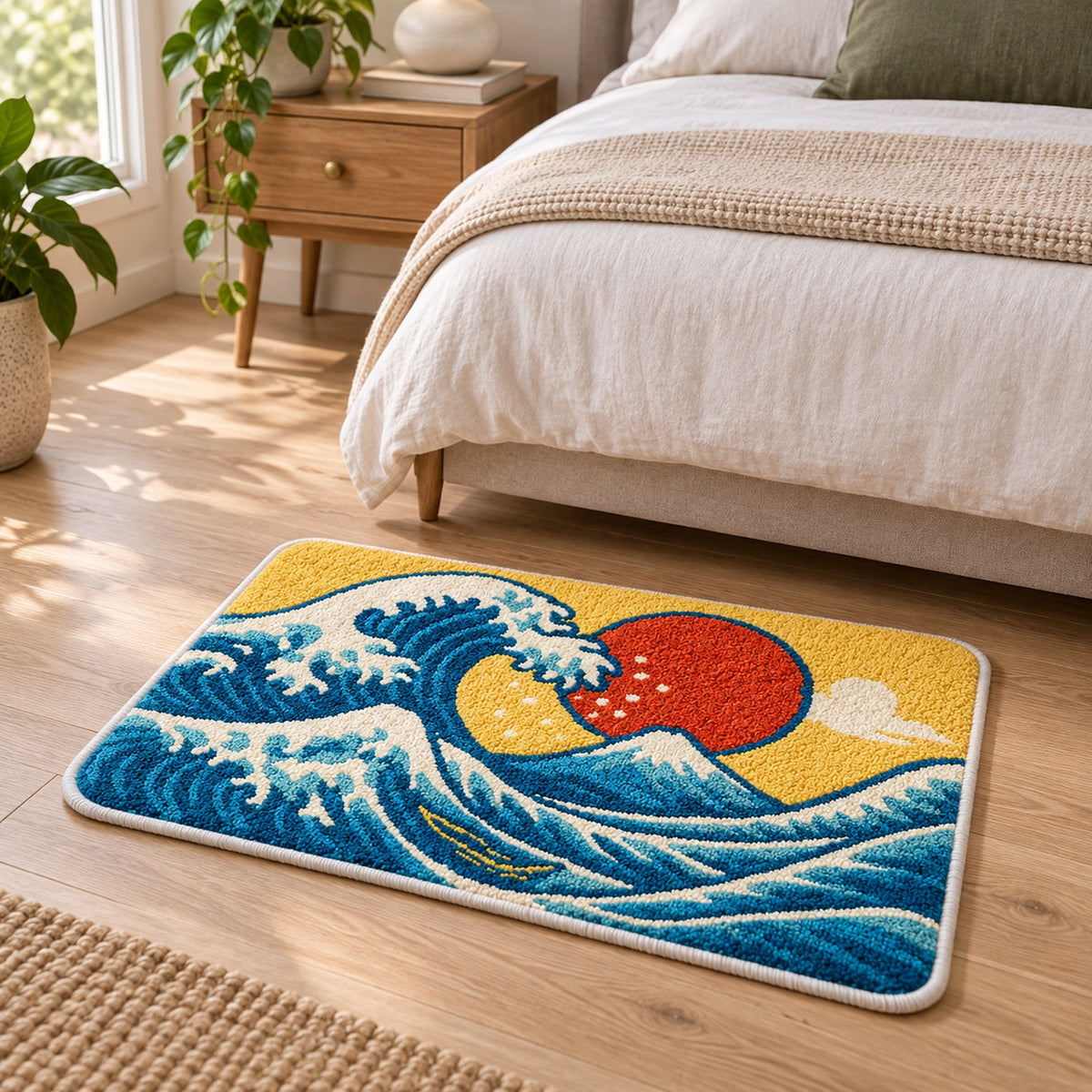 Feblilac Colorful Ukiyo-e Waves tufted bath mat in a bright bathroom beside the bathtub