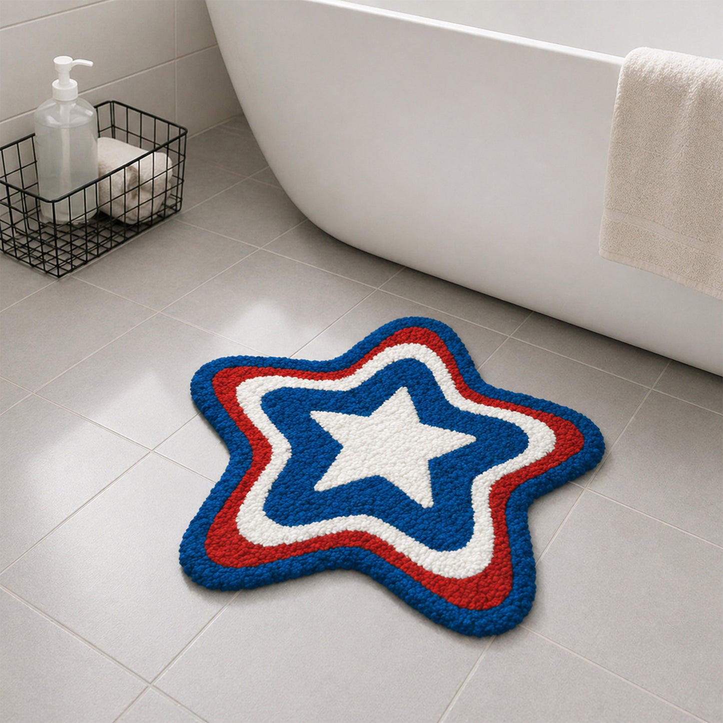 Feblilac Patriotic Star Tufted Bath Mat – Red White Blue Soft Bathroom Rug