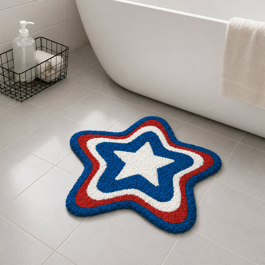 Feblilac Patriotic Star Tufted Bath Mat – Red White Blue Soft Bathroom Rug