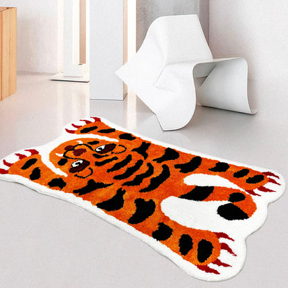 Feblilac Orange and Black Tiger tufted bath mat in a bright bathroom beside the bathtub