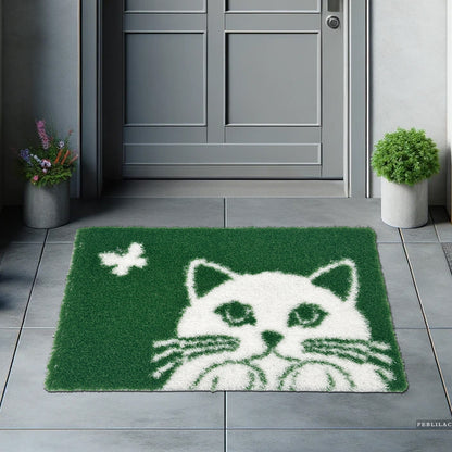 Feblilac Cat and Butterfly PVC coil door mat in a bright bathroom beside the bathtub