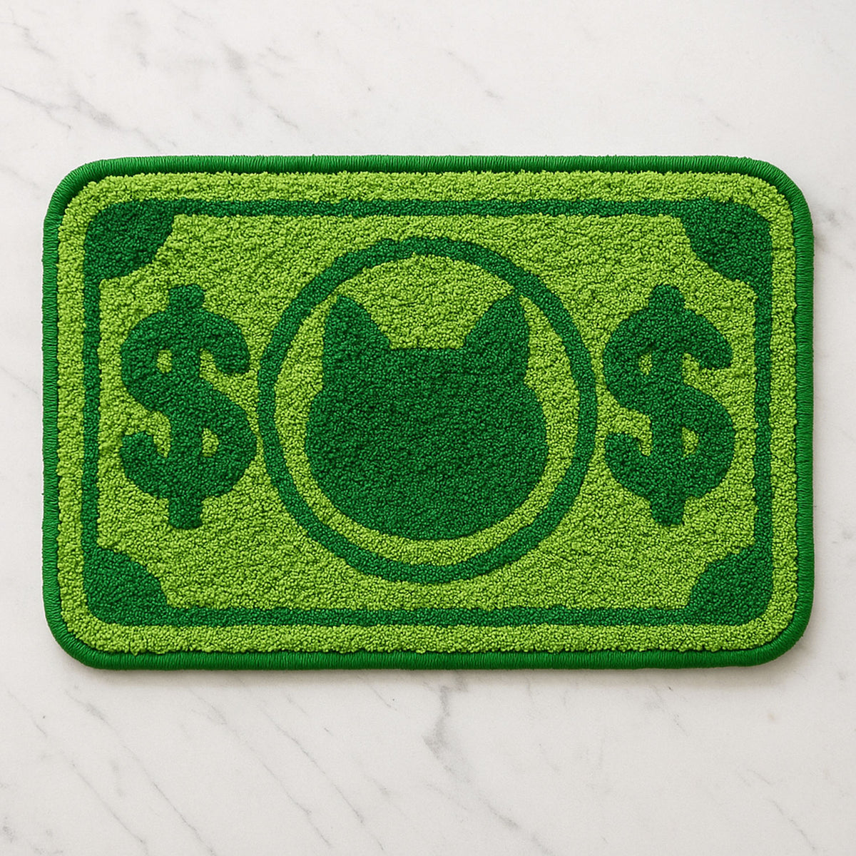 Feblilac Green Cat and Dollar tufted bath mat in a bright bathroom beside the bathtub