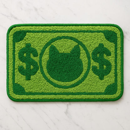 Feblilac Green Cat and Dollar tufted bath mat in a bright bathroom beside the bathtub