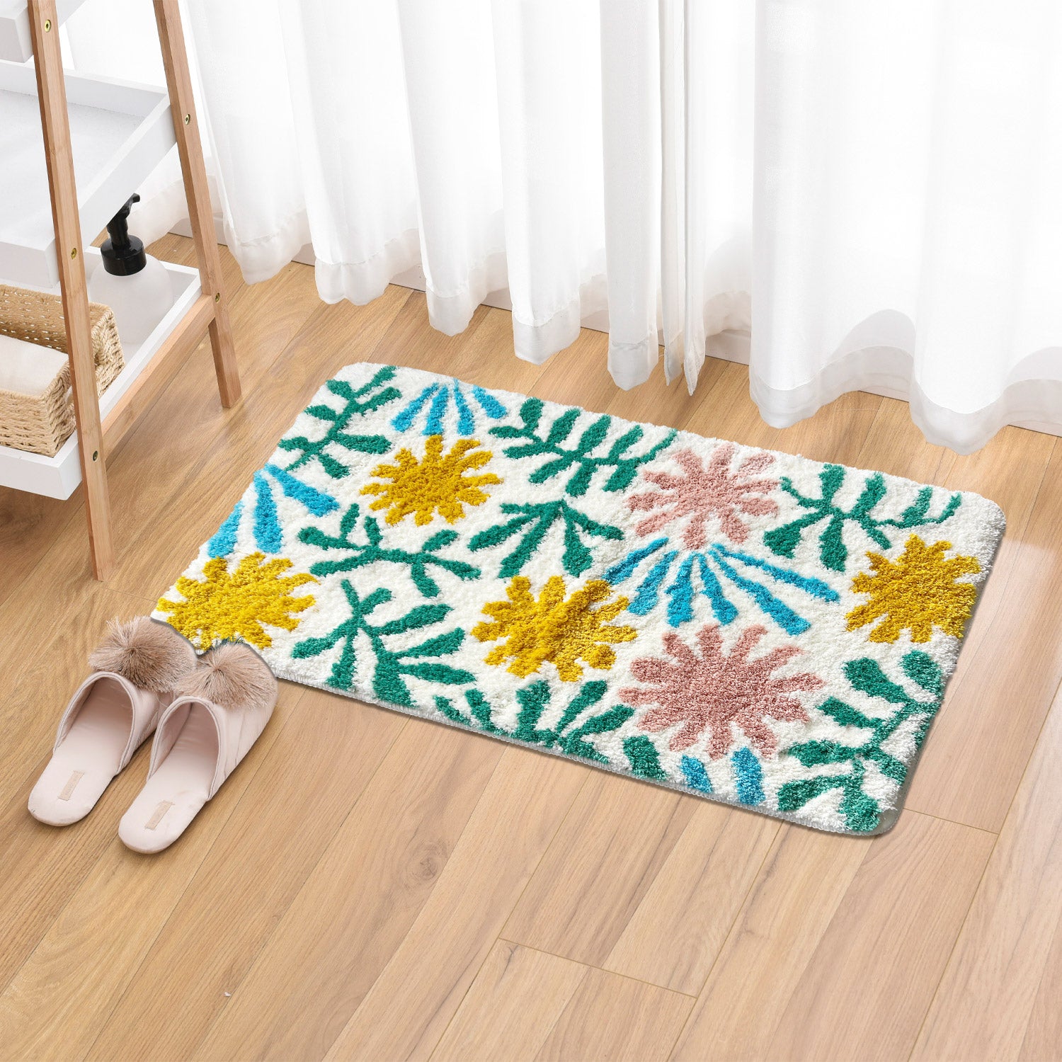Feblilac Orange Pink Flowers and Green Leaves Tufted Bath Mat