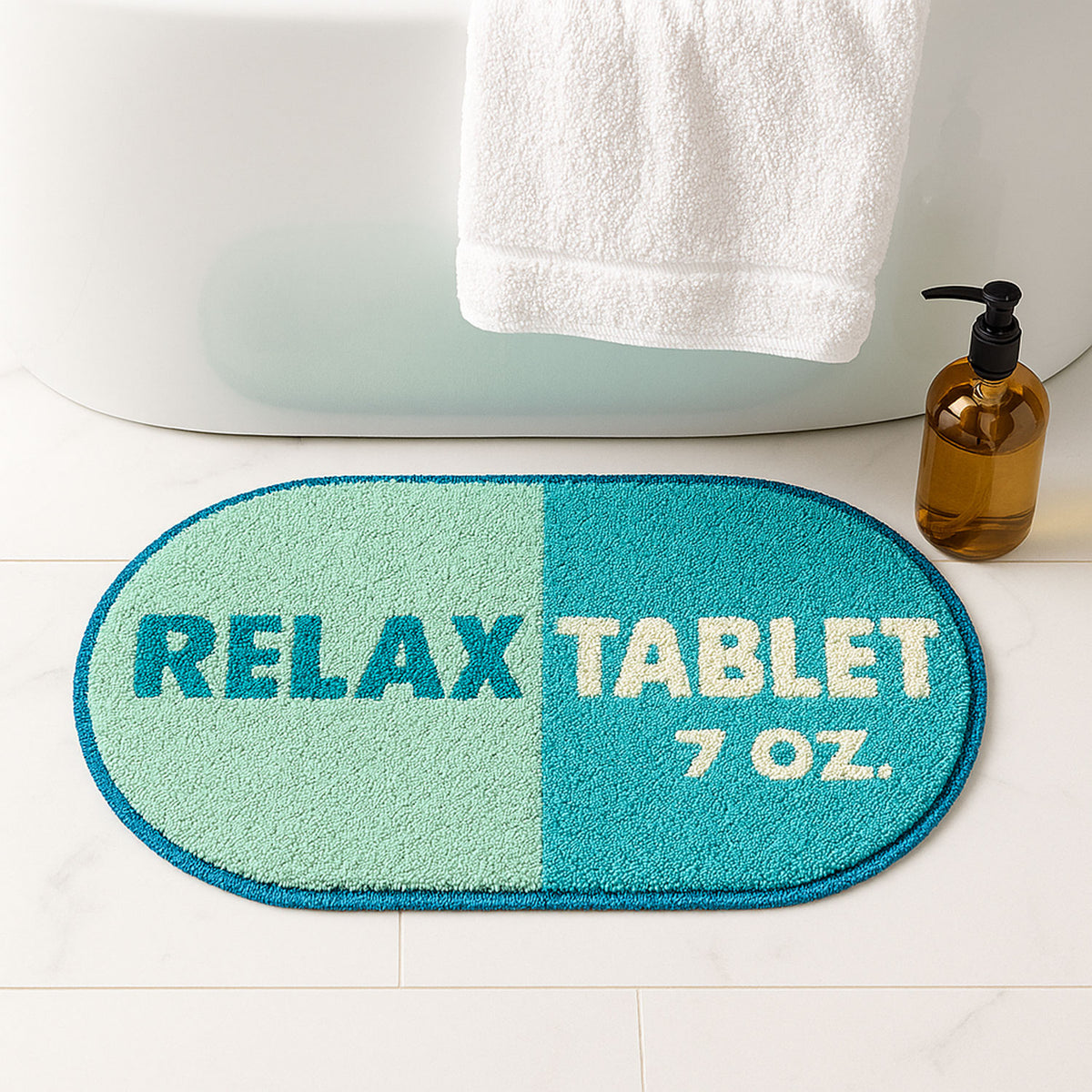 Feblilac Blue Relax tufted bath mat in a bright bathroom beside the bathtub