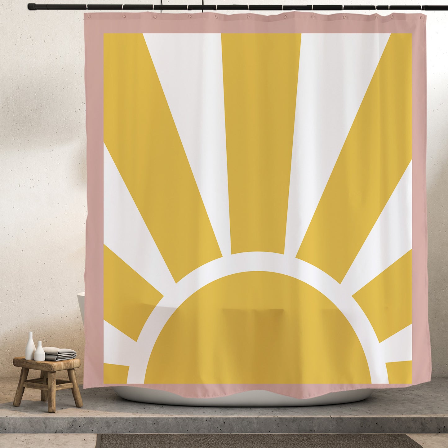 Feblilac Gold Sunrise Shower Curtain with Hooks, Yellow Sunshine Curtain for Bathroom