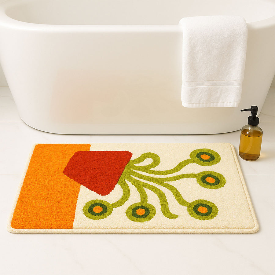 Feblilac Red Vase and Green Plant Tufted Bath Mat