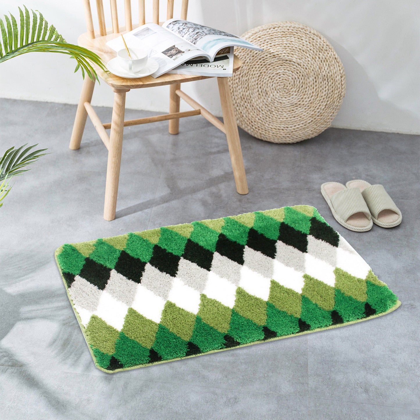 Feblilac Green Gradient Rhombus Tufted Bath Mat