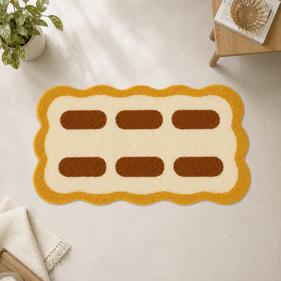 Feblilac Wavy Tufted Bath Mat – Mustard Yellow and Cream Accent Rug