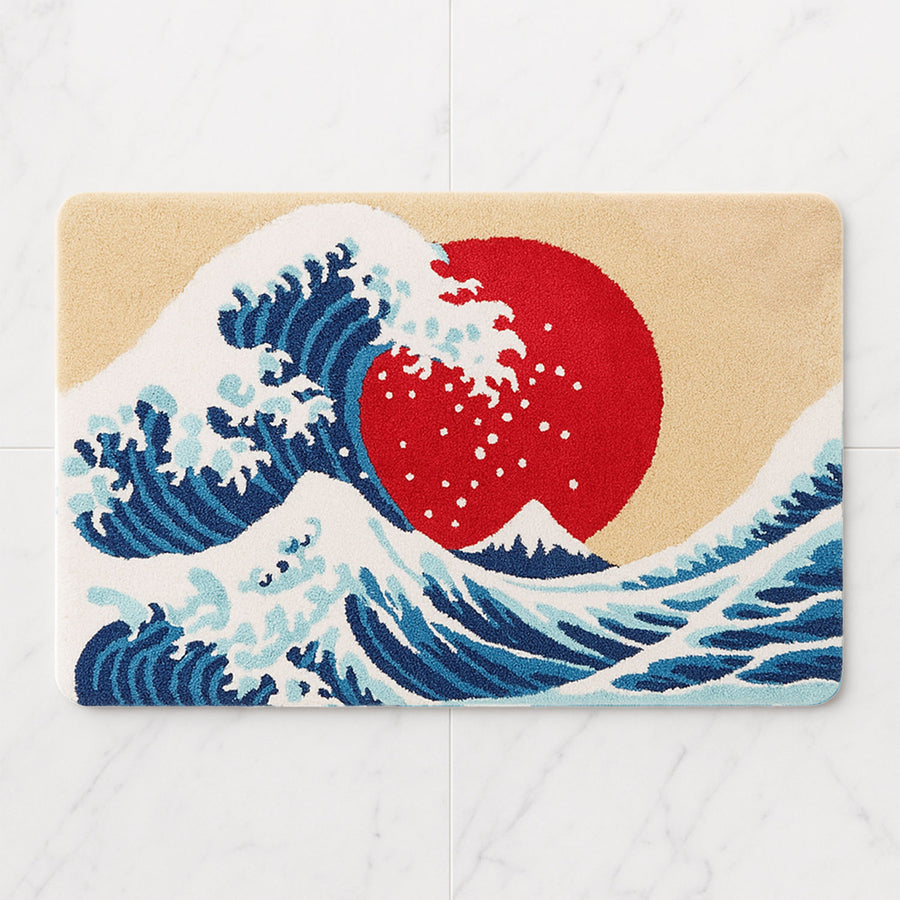 Feblilac Japanese Wave Rectangular Bath Mat – Soft Tufted Rug with Red Sun for Bathroom or Entryway - view 2