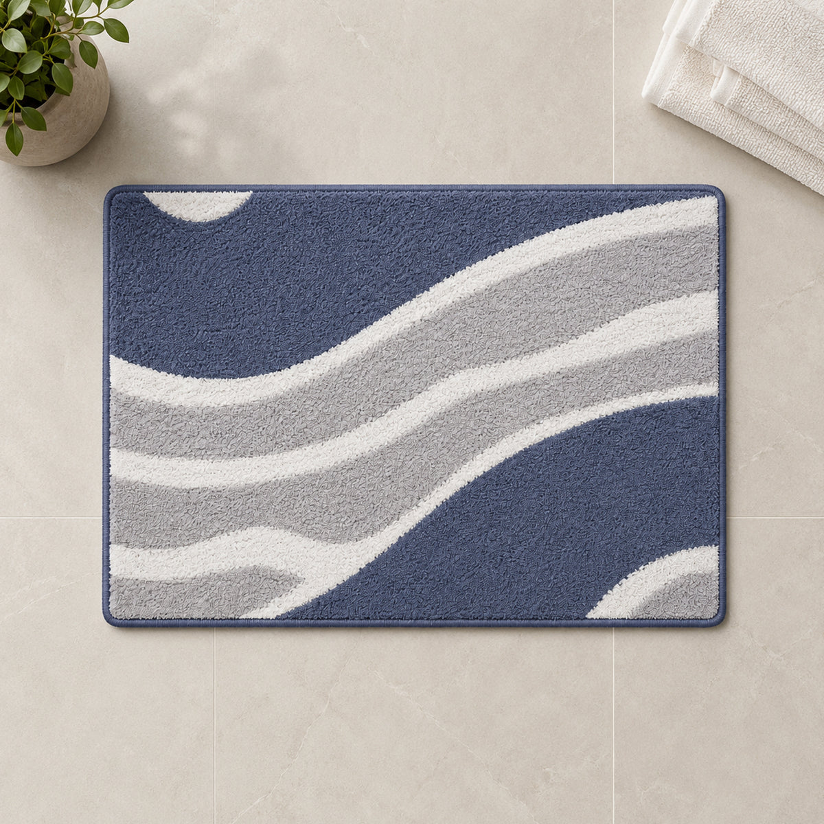 Feblilac White Grey and Blue Minimal Pattern tufted bath mat in a bright bathroom beside the bathtub
