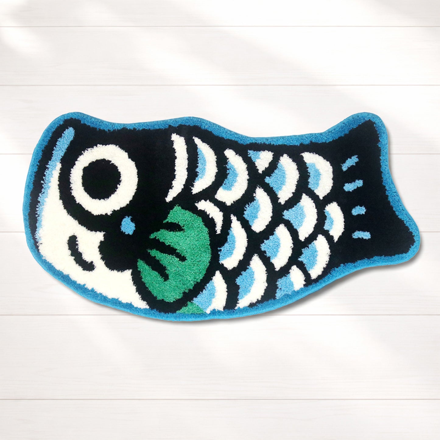 Feblilac Blue Fish-Shaped Tufted Bath Mat, Black Green