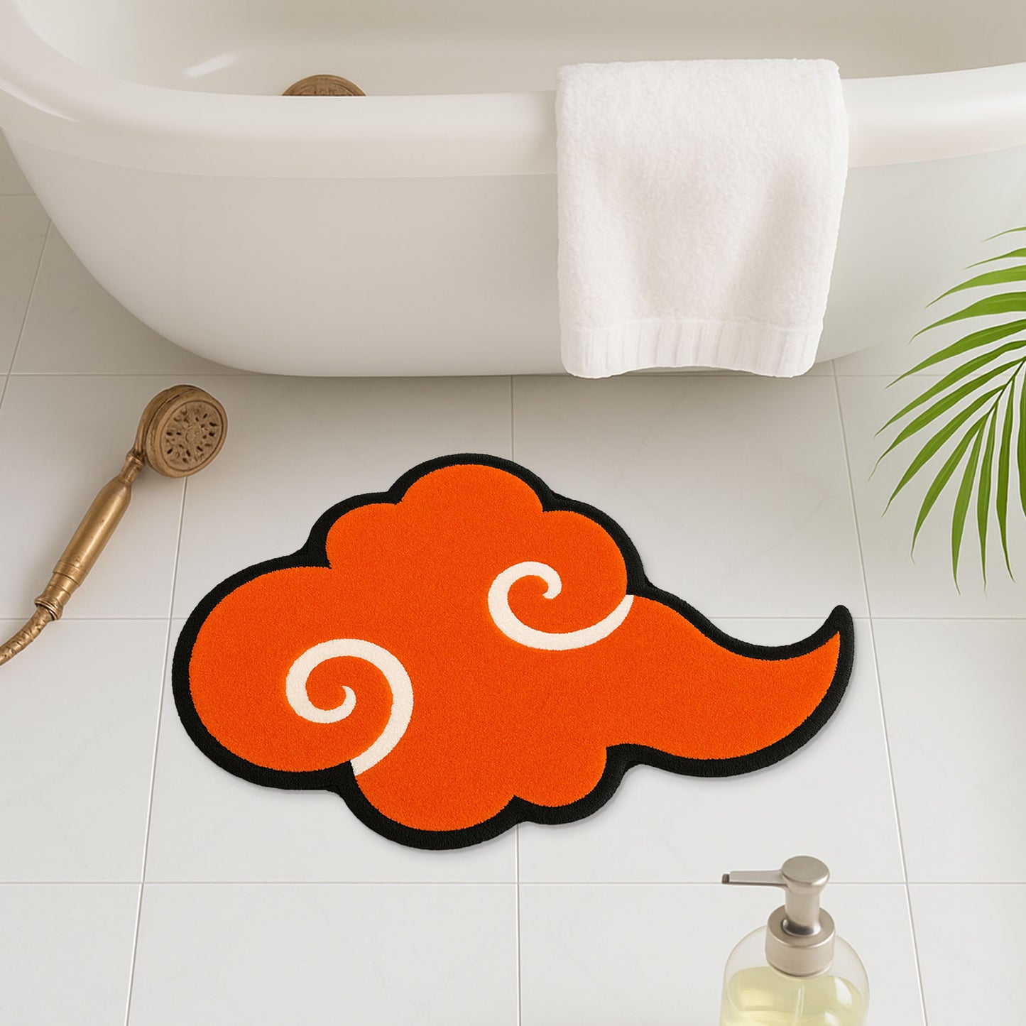 Feblilac Orange Cloud Bath Mat – Irregular Tufted Rug with Asian-Inspired Swirl