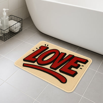 Feblilac LOVE Typography Tufted Bath Mat – Bold Red Comic Style Rug