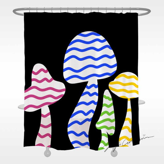 Feblilac Black Background Color Mushroom Shower Curtain