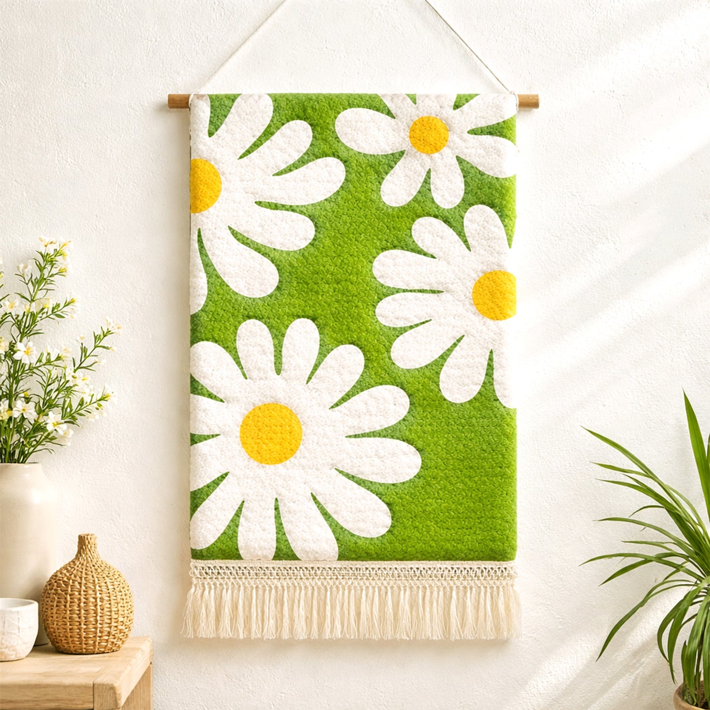 Feblilac Green Daisy Tufted Wall Hanging Tapestry