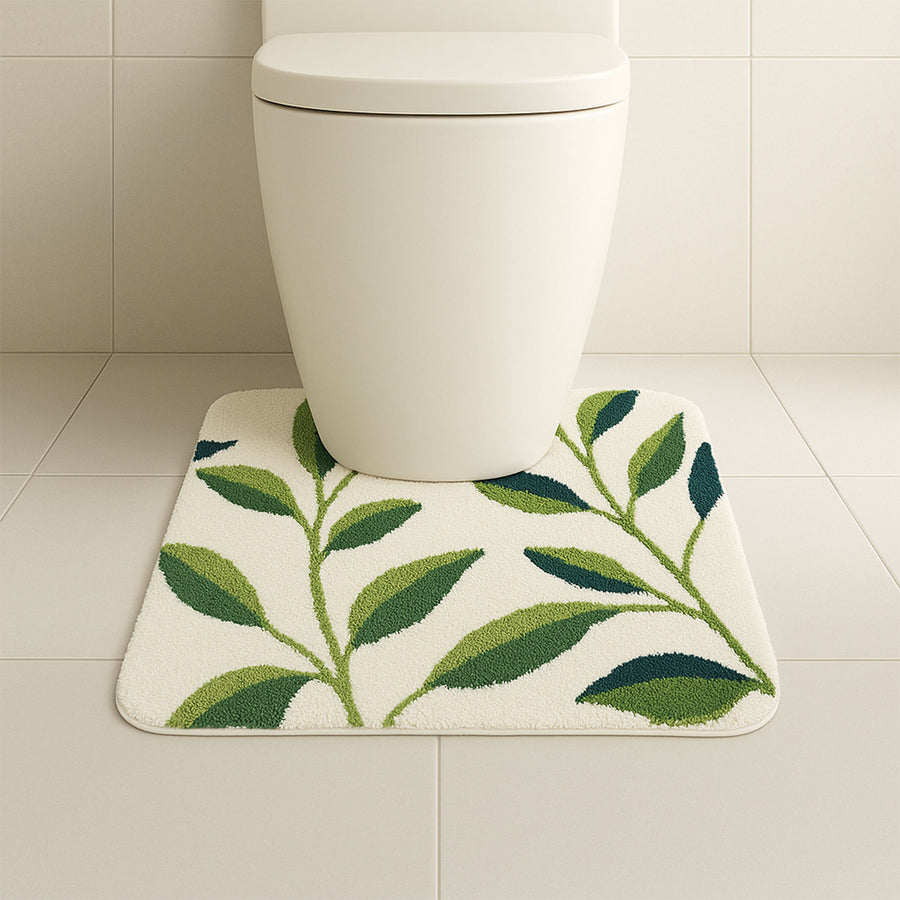 Feblilac Green Leaf Toilet Mat – Nature-Inspired U-Shaped Rug