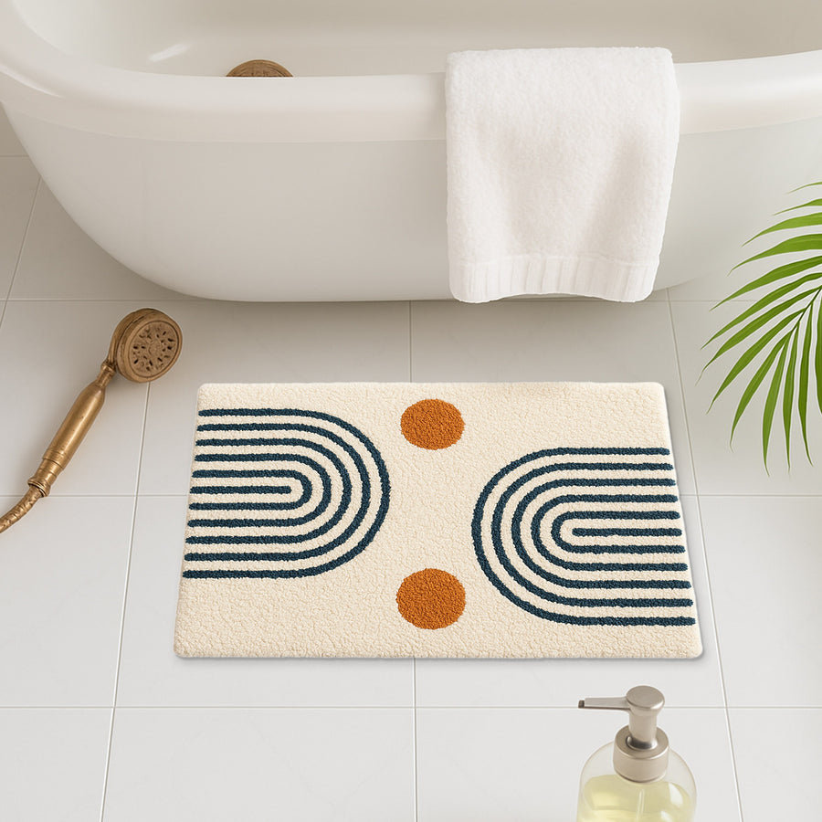 Feblilac Retro Arches Tufted Bath Mat – Abstract Geometric Design with Orange Dots, Modern Bathroom Rug - view 2