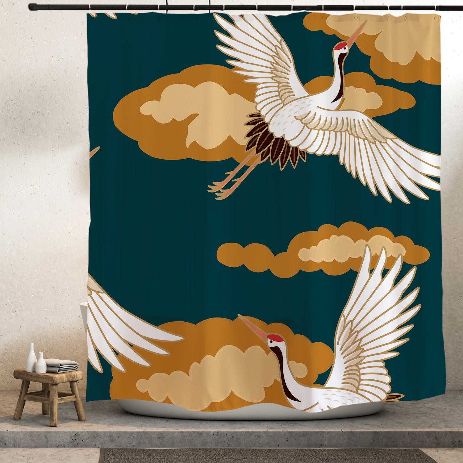 Feblilac Blue Background Crane Shower Curtain with Hooks