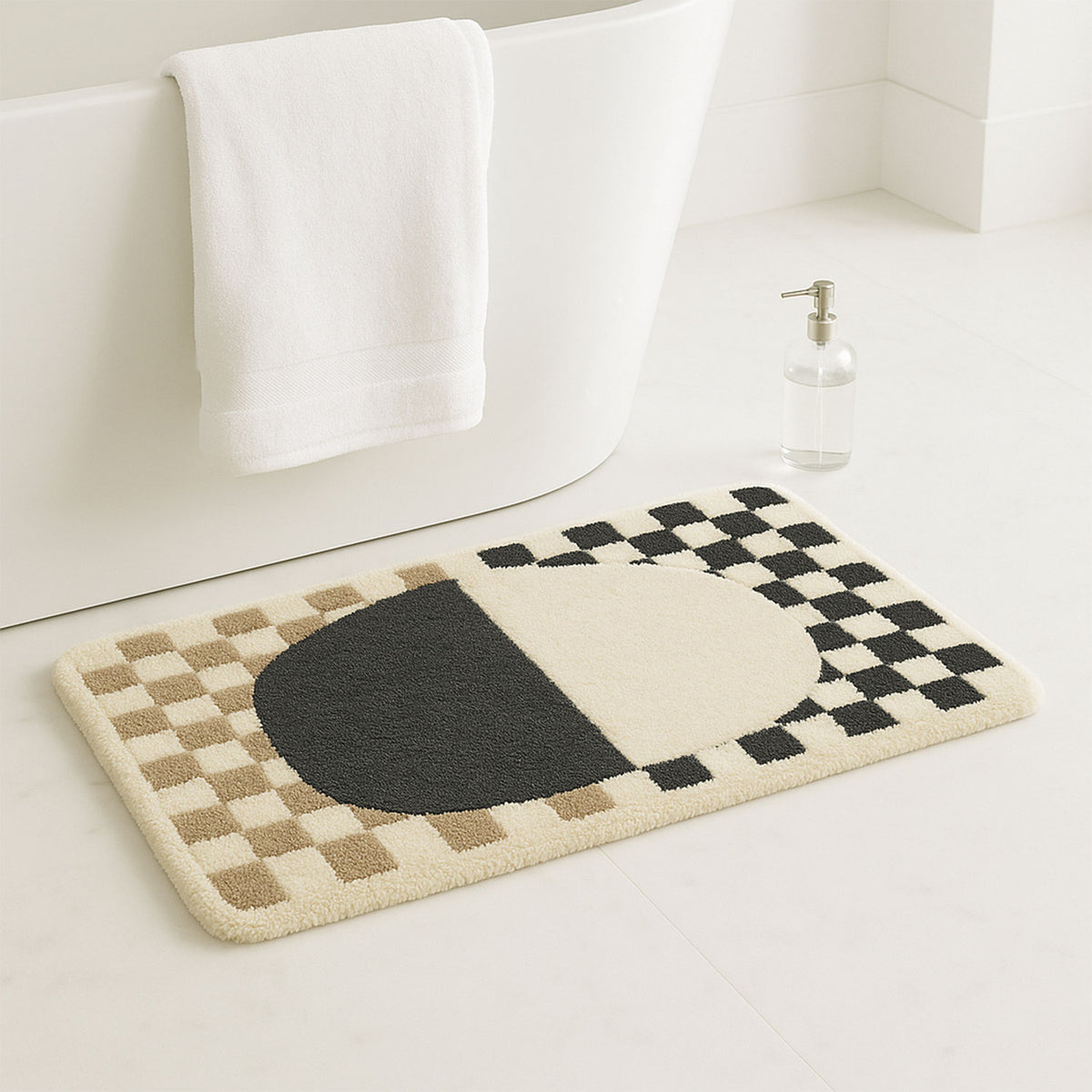 Feblilac Yellow and Black Checkerboard tufted bath mat in front of a bathroom vanity with fresh towels