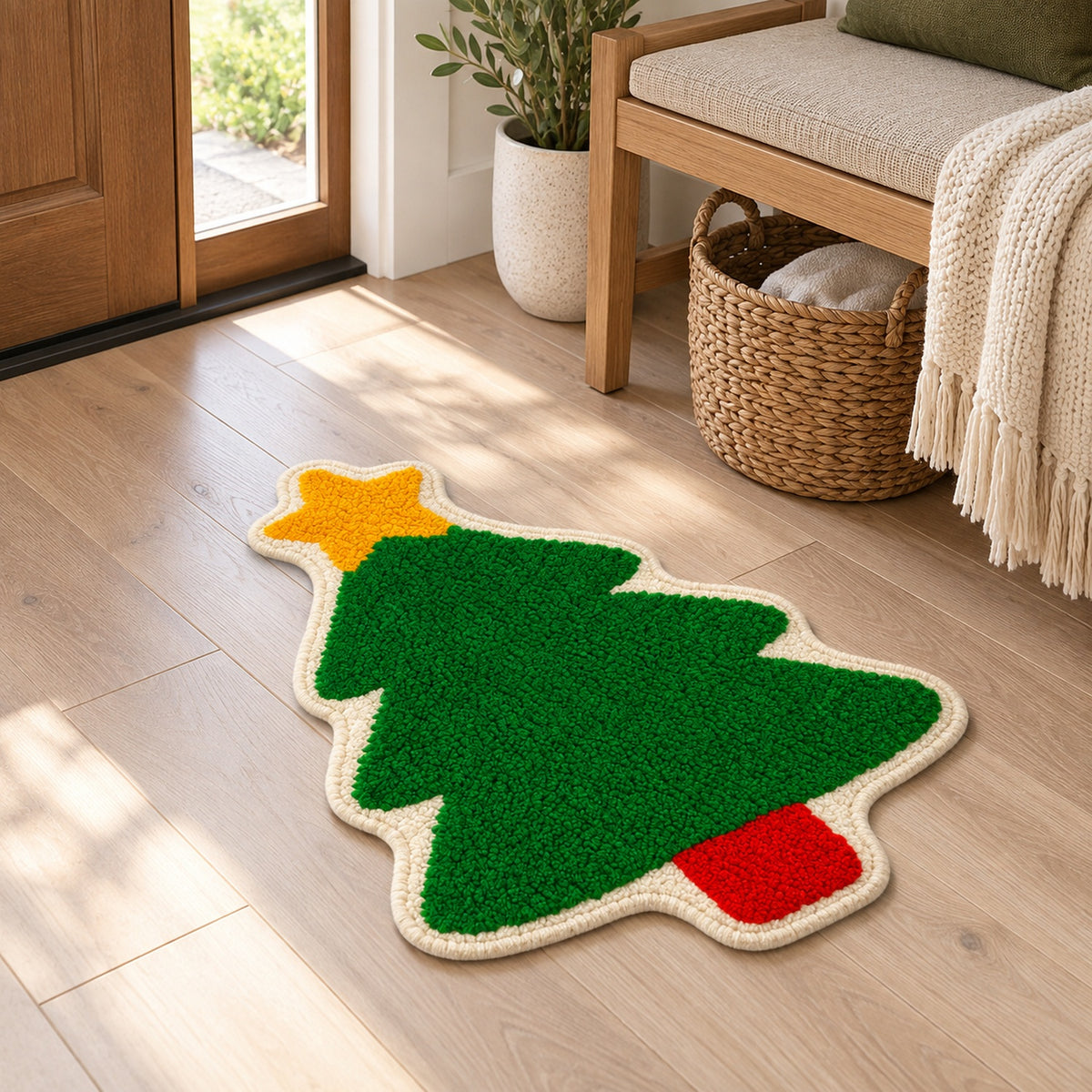 Feblilac Christmas Tree tufted bath mat in a bright bathroom beside the bathtub