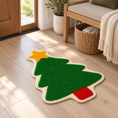 Feblilac Christmas Tree tufted bath mat in a bright bathroom beside the bathtub