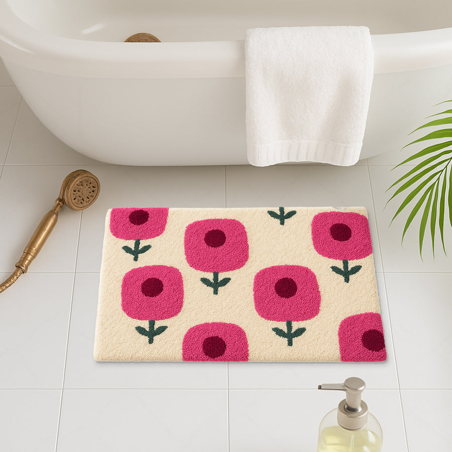 Feblilac Pink Flower Grid Tufted Bath Mat – Bright Floral Repeat Pattern, Soft & Cheerful Bathroom Rug - view 2