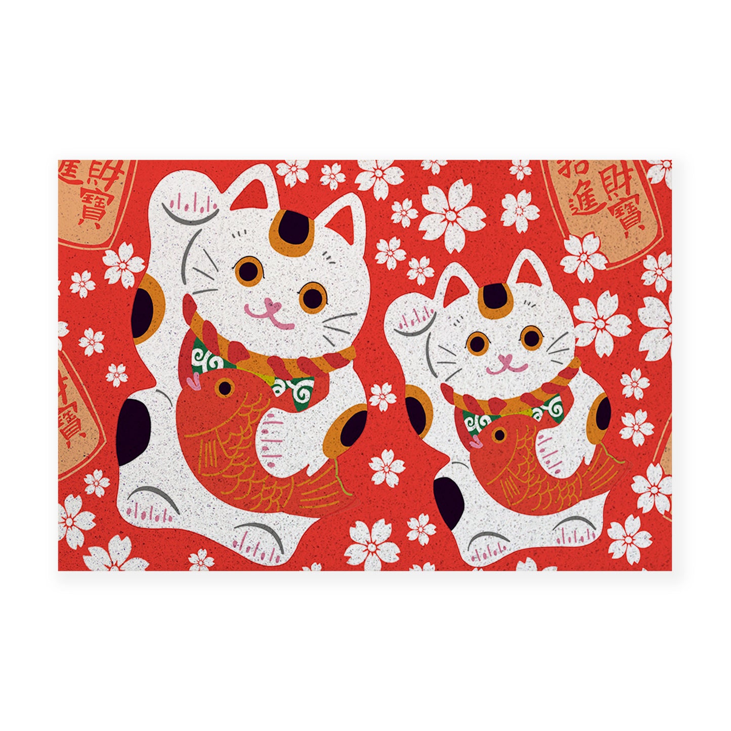 Feblilac Red Background White Sakura Lucky Cat PVC Coil Door Mat