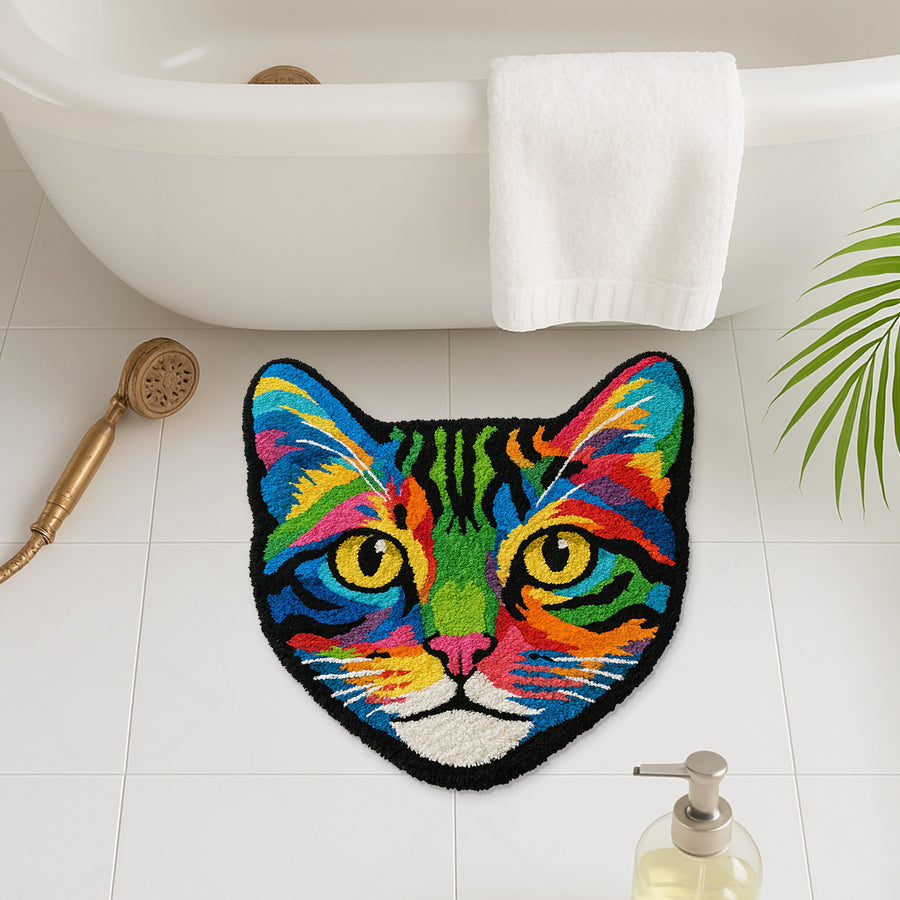 Feblilac Colorful Cat Tufted Bath Mat – Vibrant Feline Face Design, Bold & Artistic Bathroom Rug - view 2