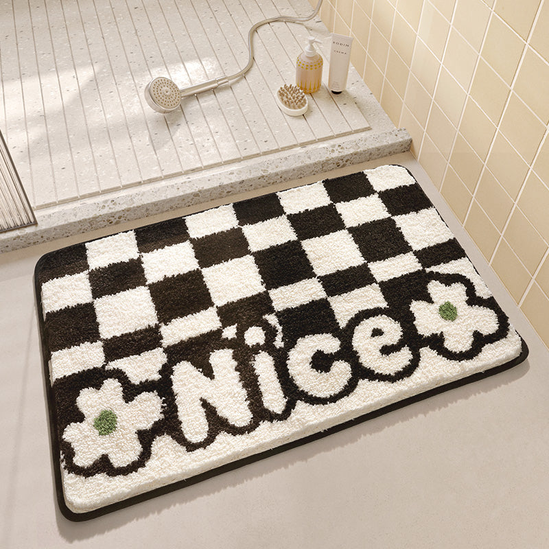 Feblilac Checkerboard and Flower Tufted Bath Mat U-shape Toilet Floor Mat