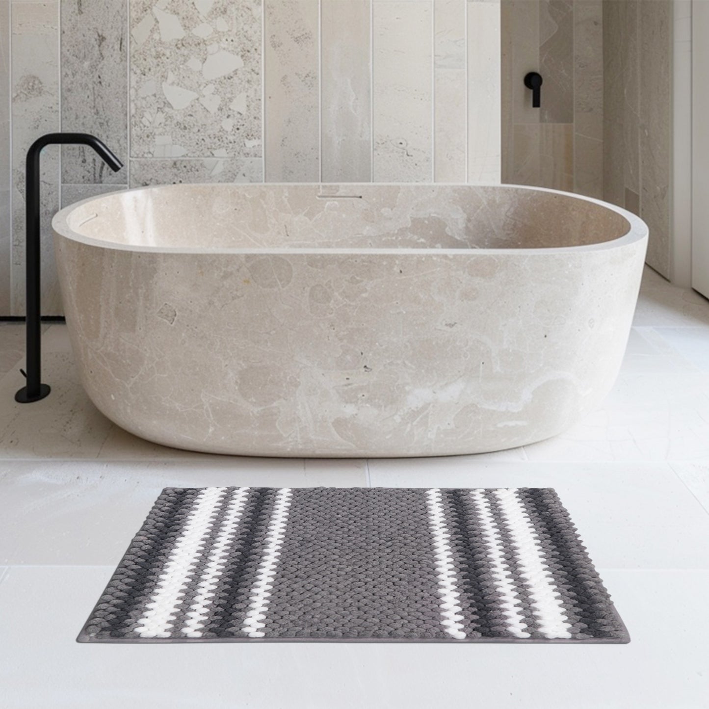 Feblilac Gray and White Chenille Non-Slip Microfiber Shag Bathroom Rug Mat