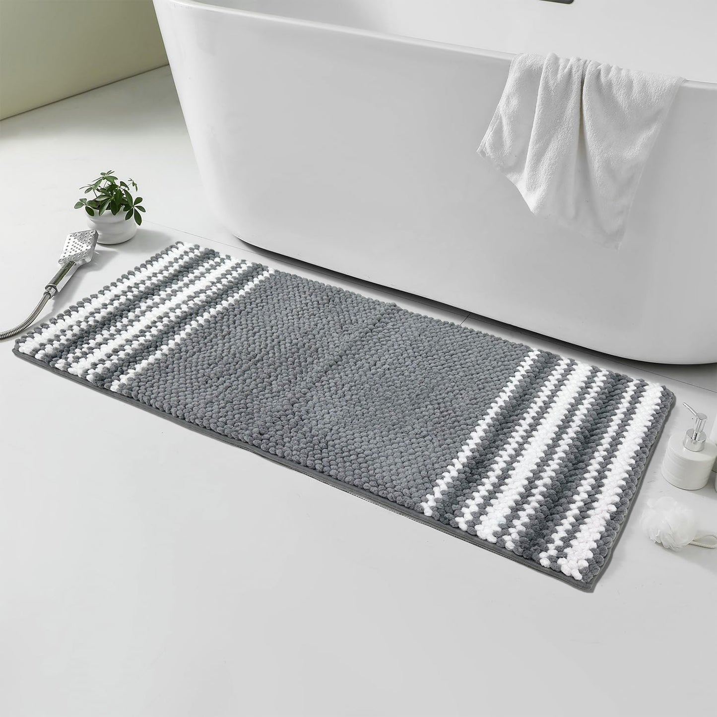 Feblilac Gray and White Chenille Non-Slip Microfiber Shag Runner Rug Mat