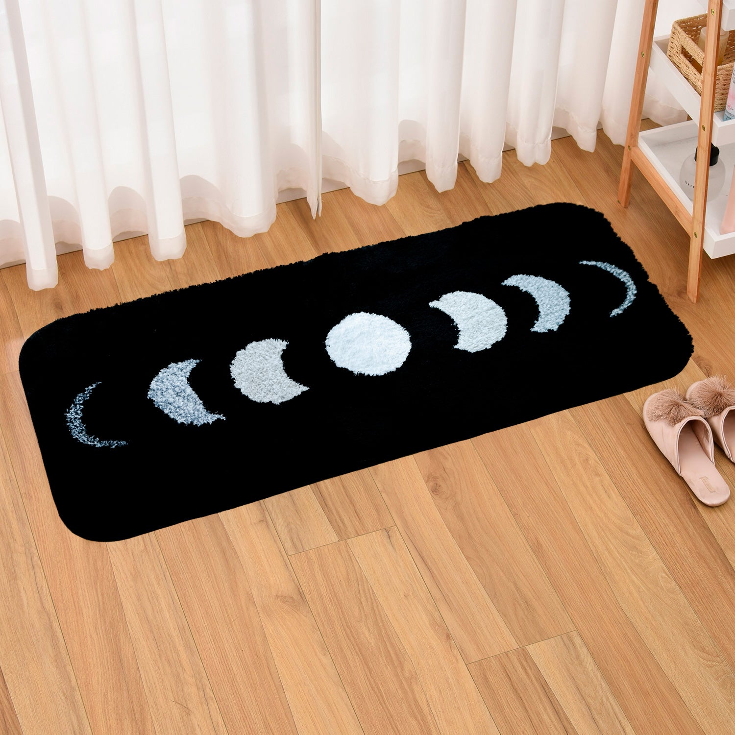 Feblilac Black Bedroom Rug Long Runner, Moon Pattern Rug for Bedside Bathroom, Water Absorbent Non-Slip Area Rug Mat for Home Decor