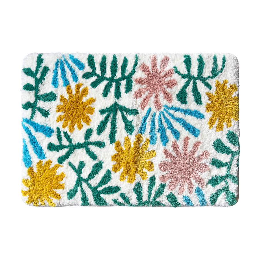 Feblilac Orange Pink Flowers and Green Leaves Tufted Bath Mat - view 2