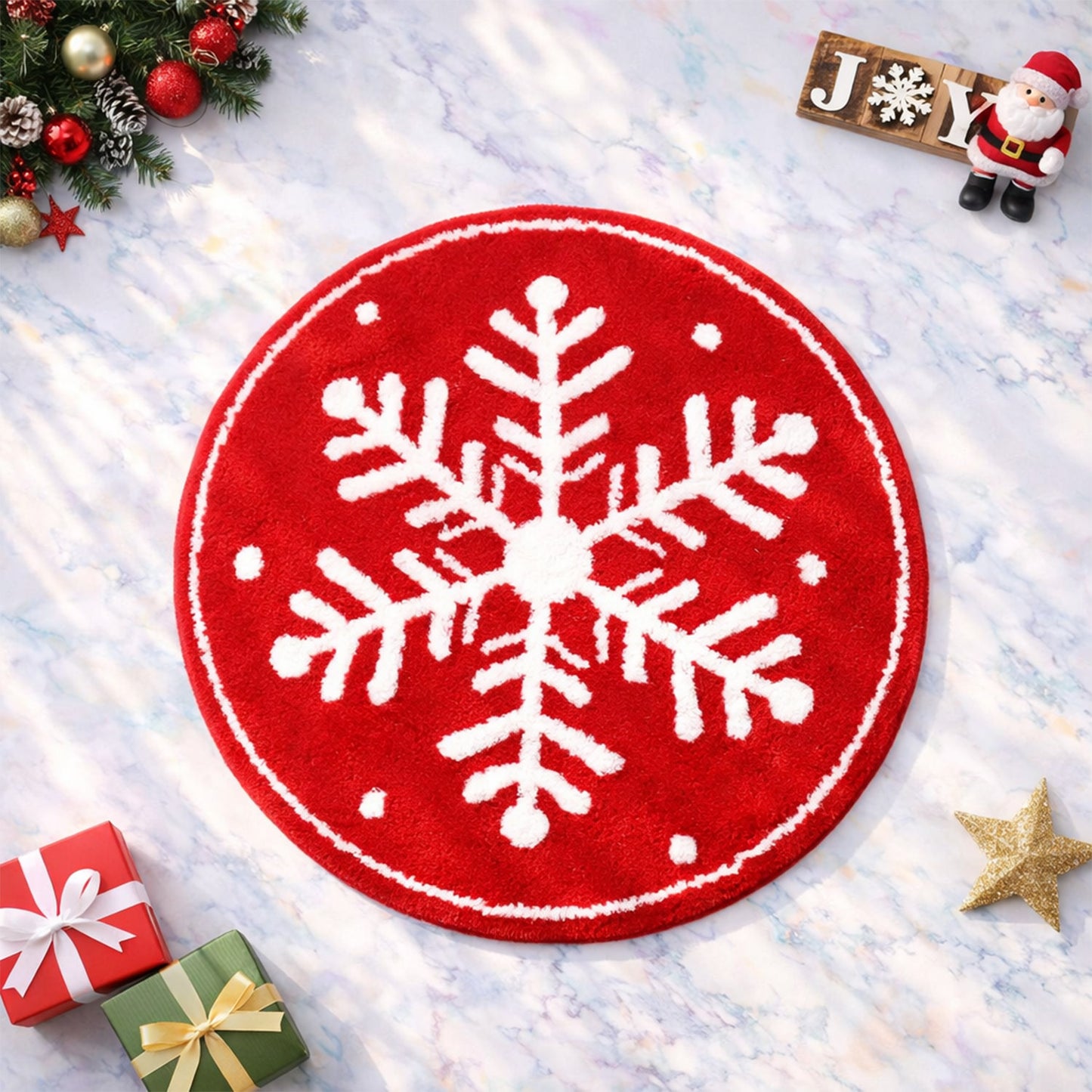 Feblilac Red background White Snowflakes Christmas style Tufted Bath Mat