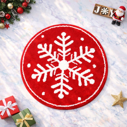 Feblilac Red background White Snowflakes Christmas style Tufted Bath Mat