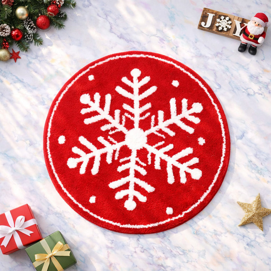 Feblilac Red background White Snowflakes Christmas style Tufted Bath Mat - view 2