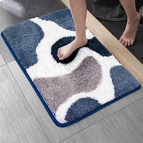 Feblilac Blue Abstract Geometric Tufted Bath Mat