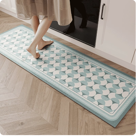 Feblilac Blue Geometric Patterns PVC Leather Kitchen Mat