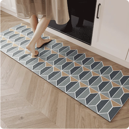 Feblilac Blue and Grey Geometric Patterns PVC Leather Kitchen Mat