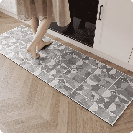 Feblilac Grey Geometric Patterns PVC Leather Kitchen Mat