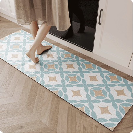 Feblilac Light Blue and Brown Geometric Patterns PVC Leather Kitchen Mat