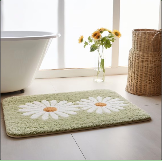 Feblilac Green White Daisy Flower Bathroom Mat, Water Absorbent Bath Tufted Rug Mat for Shower Room, Non Slip Floor Mat Bathroom Shower Rugs