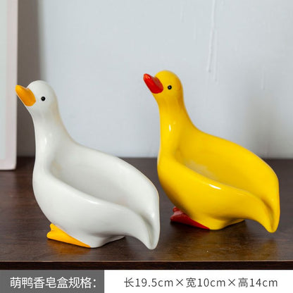 Feblilac Soap Box Ceramic Household Drain Soap Box Mengqu Little Duck Creative Kitchen Bathroom No Punching Soap Dish